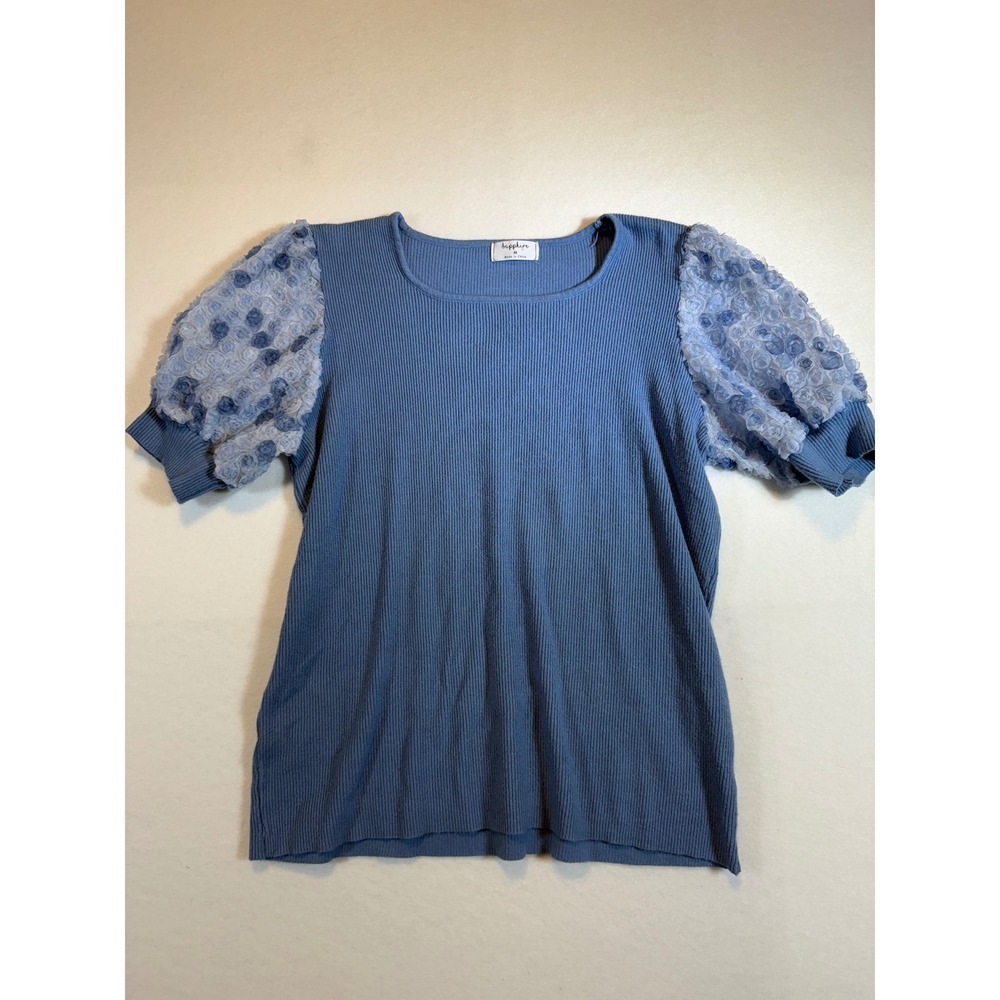 Sapphire Blue Puff Sleeve Top Ribbed Knit Blouse Women's Medium